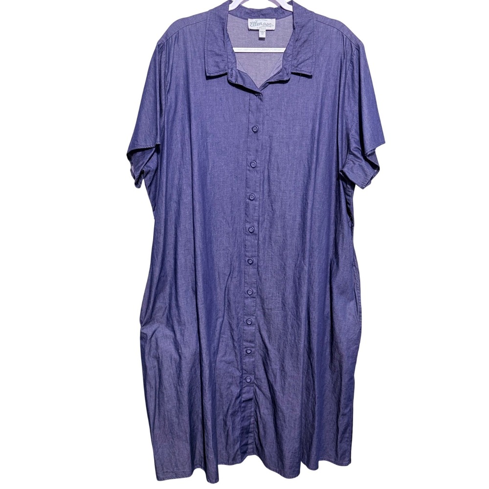 Ellen Orton Blue Chambray Cotton Button Down Shirt Dress Short Sleeve Plus 3X
